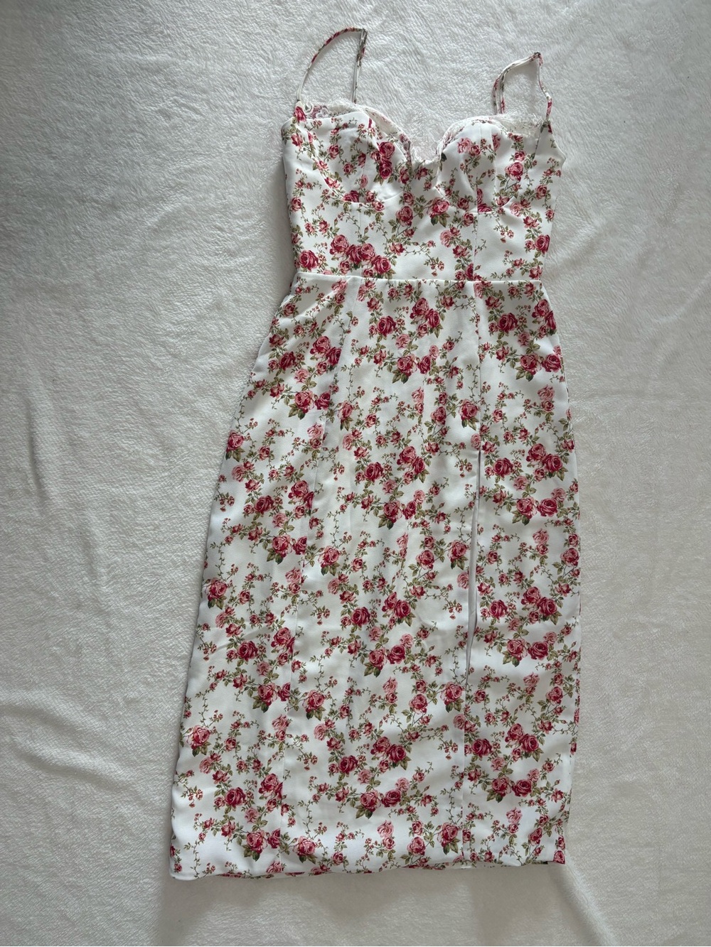 House of CB White Dress with Pink Rose Print